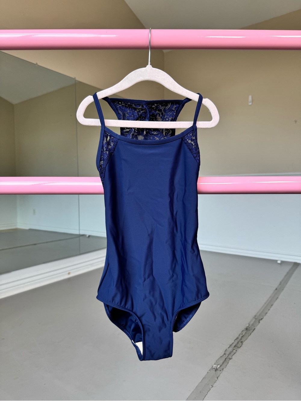 Eleve Lacey Girls Navy Lace Back Dance Leotard